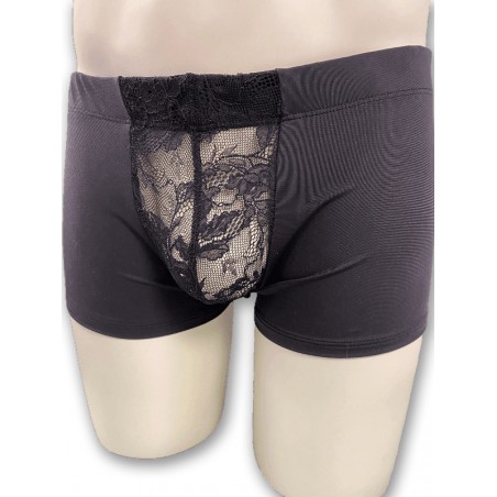 Boxer Noir en Lycra avec Dentelle Transparente au Pénis