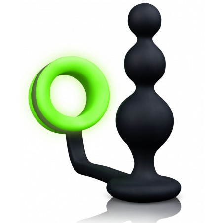 Anneau - Cockring Phosphorescent Et Plug Anal A 3 Boules - 9 cm / Ø 4 cm Extensible - Noir / Vert Fluo - Ouch
