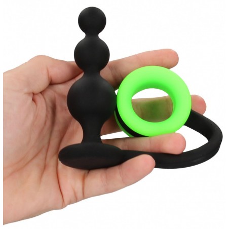 Anneau - Cockring Phosphorescent Et Plug Anal A 3 Boules - 9 cm / Ø 4 cm Extensible - Noir / Vert Fluo - Ouch