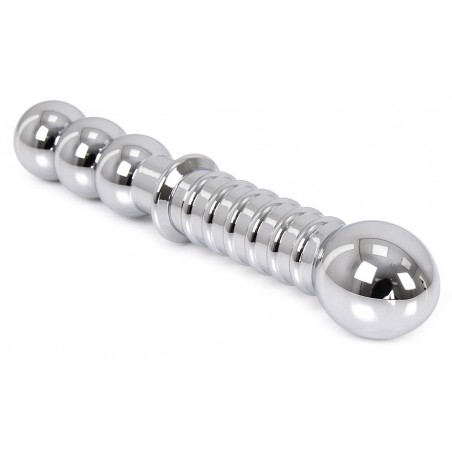 Double Gode  Ribbed - 1 Côté Rainuré + 1 Boule - 1 Côté De 3 Boules - Métal - 19 cm / Ø De 2,5 cm A 3,5 cm - Kiotos