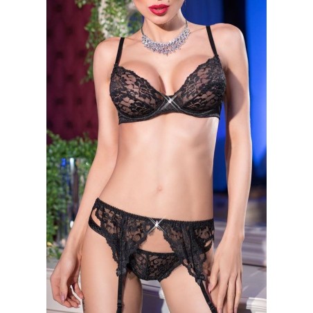 Ensemble 3 Pièces - Dentelle Noir - Soutien-Gorge / String / Porte-jarretelle - 4 Tailles : S / M / L / XL - Chilirose