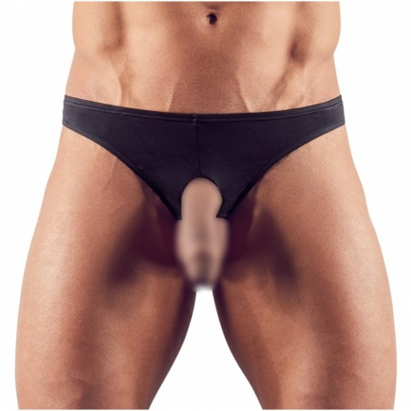 String Homme Noir Ouvert Pénis et Testicules