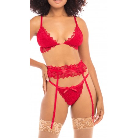 Ensemble 3 Pièces Rosemarie - Dentelle Rouge - Soutien-gorge - String - Porte Jarretelle - S-M / L-XL - Oh Là Là Chéri