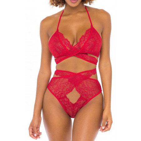 Ensemble 2 Pièces Charlena - Dentelle Entrecroisée Rouge - Soutien-gorge - Tanga - S-M / L-XL - Oh Là Là Chéri