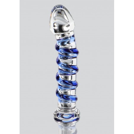 Double Gode G-Spot Gemstone - Dildo Strié Bleu - Verre Thermo Réactif - Chaud / Froid - Etanche - 17 cm / Ø 3,7 cm - ToyJoy