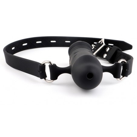 Bâillon Gode Dick - Nervuré - Gland Saillant - Sangle Réglable - Noir - 10 Cm / Ø 3,2 Cm - Kinkgear