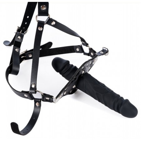 Bâillon Gode Strap Dick - Nervuré - Gland Saillant - Harnais A Sangles Réglables - Noir - 12 Cm / Ø 3,3 Cm - Kinkgear