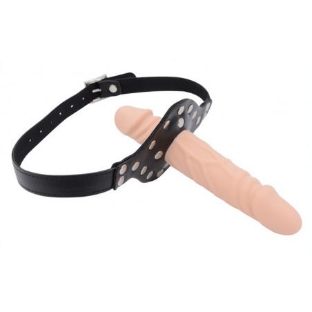 Bâillon Double Cock L - Gode Chair - Nervuré - Gland Saillant - Sangle Réglable Noire - 17 Cm / Ø 4 Cm - Kinkgear