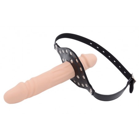Bâillon Double Cock L - Gode Chair - Nervuré - Gland Saillant - Sangle Réglable Noire - 17 Cm / Ø 4 Cm - Kinkgear