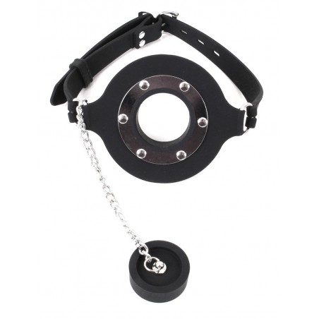 Bâillon Round Open - Rond Avec Bouchon A Chaine - Sangle Ajustable - Ø 4 cm - Noir - Kyotos