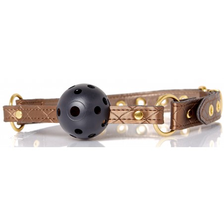 Bâillon Damsel - Boule Percée Noire - Sangle Ajustable En simili cuir Bronze - Ø 4,5 cm - Allure X-Play