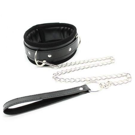 Collier Réglable Simili Cuir Noir Et Laisse En Métal - Confort - Tour de cou 37, 5 A 50,5 cm - Generique