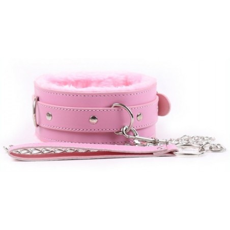 Collier Réglable Et Laisse Fur - Simili Cuir Et Fourrure Rose - 75 cm - Generique