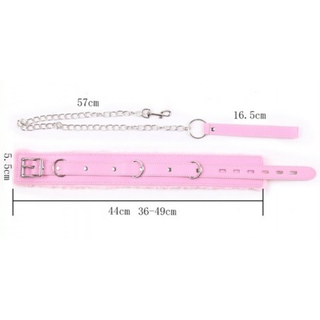 Collier Réglable Et Laisse Fur - Simili Cuir Et Fourrure Rose - 75 cm - Generique