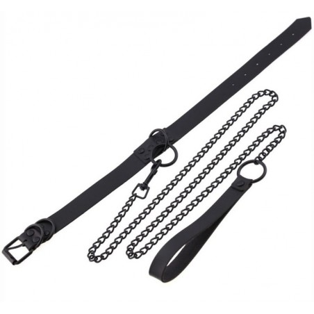 Collier Réglable Et Laisse Punk - Simili Cuir Noir - 1 mètre - Generique