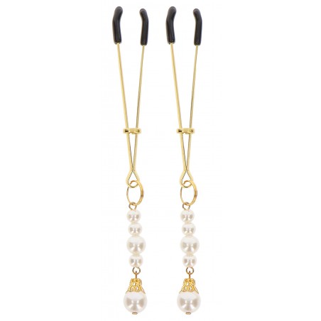 Pince A Tétons Tweezers Pearls De 12 Cm - Anneaux De Serrage - Bijoux En Perles Nacrées - Chaîne En Métal Doré - Taboom