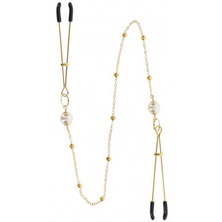 Pince A Tétons Avec Chaîne Tweezers Pearls - Avec Anneaux De Serrage - Perles Nacrées - Chaîne En Métal Doré - Taboom