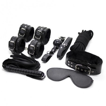 Kit BD/SM Wicked - 7 pièces Noires - Menottes Poignets Et Chevilles - Fouet - Masque - Corde - Bâillon - Collier - Generique