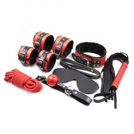 Kit BD/SM - 7 pièces Noires Et Rouges - Menottes Poignets Et Chevilles - Fouet - Masque - Corde - Bâillon - Collier - Generique