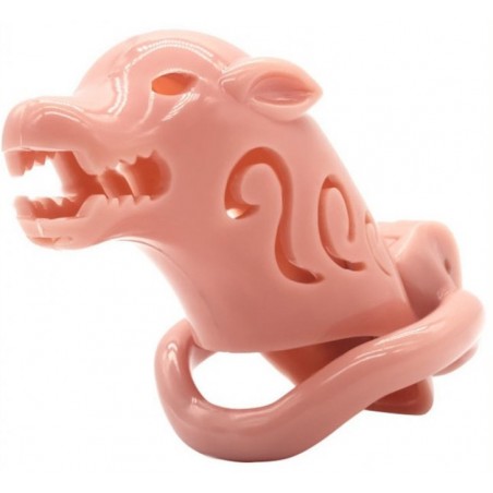 Cage De Chasteté Pig Rough - Tête De Chien Loup Rose - 4 Anneaux - Cadenas Et Jeux De Clés - 10 Cm / Ø 3,5 Cm - Generique