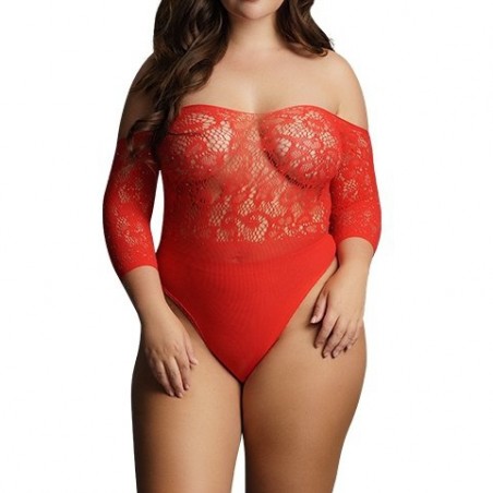Body Grande Taille Extensible - Crotchless - Résille Rouge - Epaules Dénudées - Manches - Taille : Du XXL Au 4 XXL - Le Desir