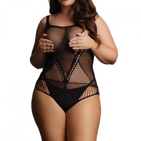 Body Grande Taille Extensible - Contrast Net - Résille Noir - Seins Nus - Taille : Du XXL Au 4 XXL - Le Desir