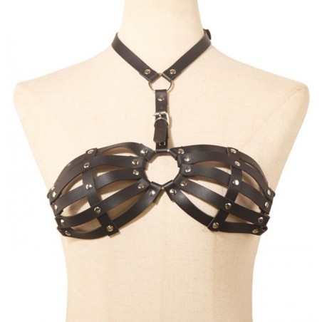 Soutien-Gorge Lanya - Collier En Simili Cuir Noir - Bandes 1,5 Cm - Rivets - KinkHarness
