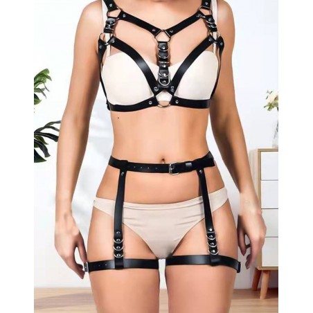 Ensemble Harnais Pour Femme - Seins Et Cuisses - Simili Cuir Noir - Lanières Ajustables 1,6 Cm - KinkHarness