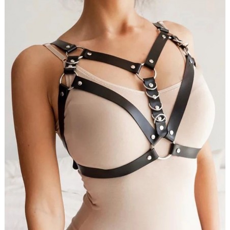 Ensemble Harnais Pour Femme - Seins Et Cuisses - Simili Cuir Noir - Lanières Ajustables 1,6 Cm - KinkHarness