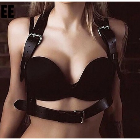 Harnais Xenia - Simili Cuir Noir - Bandes de 3,5 cm - Nombreuses Boucles - KinkHarness