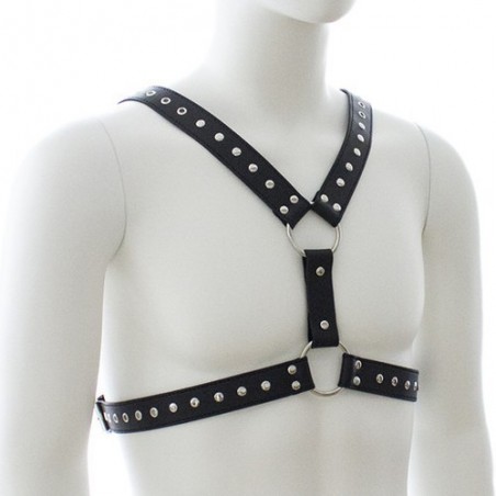 Harnais Pour Homme - Strap Chest - Bande Verticale - Simili Cuir Noir - Sangles Réglables - Rivets Et Anneaux - Generique