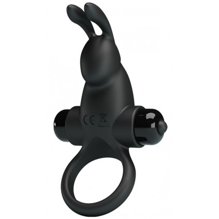 Cockring Vibrant Rabbit Noir - Stimulateur Clitoridien En Forme De Tête De Lapin - 11,5 cm / Ø 3 cm - Pretty Love