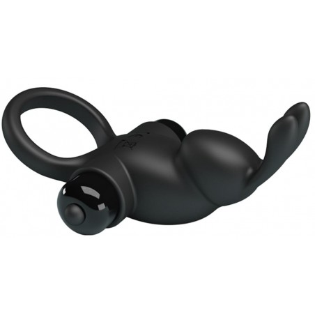 Cockring Vibrant Rabbit Noir - Stimulateur Clitoridien En Forme De Tête De Lapin - 11,5 cm / Ø 3 cm - Pretty Love