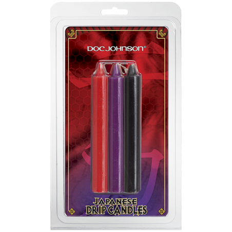 Kit De 3 Bougies BDSM - Japanese Drip Candles - Basse Température - Rouge/Violet/Noir - 15 cm - Doc Johnson