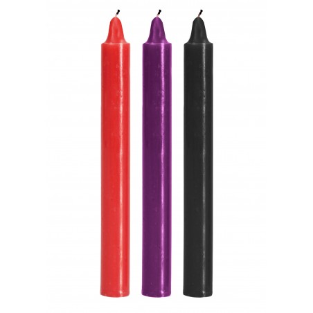 Kit De 3 Bougies BDSM - Japanese Drip Candles - Basse Température - Rouge/Violet/Noir - 18 cm - Toyjoy
