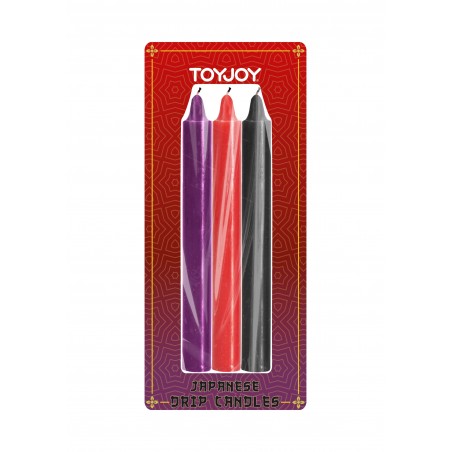 Kit De 3 Bougies BDSM - Japanese Drip Candles - Basse Température - Rouge/Violet/Noir - 18 cm - Toyjoy