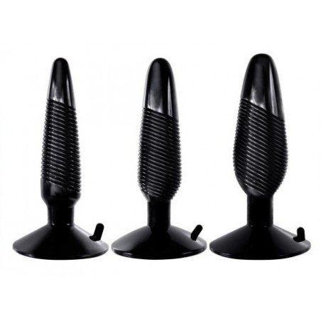 Coffret Anal Xplorer Noir - 3 Plugs Coniques Et Striés A Ventouse - Tailles : De 10 cm A 13 cm / Ø De 2,5 cm A 4,2 cm - NMC