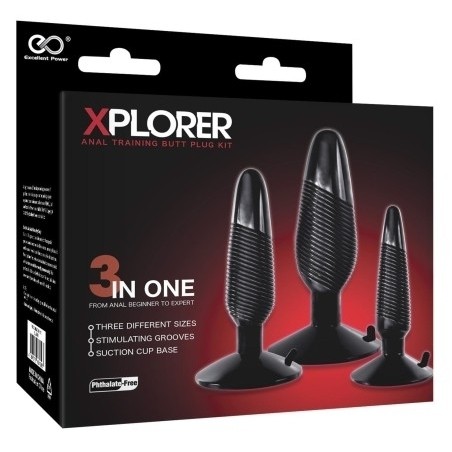 Coffret Anal Xplorer Noir - 3 Plugs Coniques Et Striés A Ventouse - Tailles : De 10 cm A 13 cm / Ø De 2,5 cm A 4,2 cm - NMC