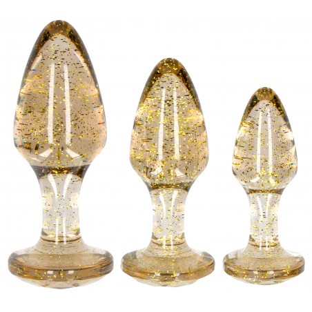Coffret 3 Plugs Anaux - Rosebuds - Glitter Or - Transparent Pailleté Or - De 8 cm A 11 cm / Ø De 3,5 cm A 4,5 cm - Ouch