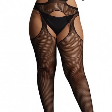 Collant Strappy Effet Porte-Jarretelles Résille Noire - Ouvert entrejambe/Côtés/Fesses - Taille : Du XXL Au 5 XL - Le Désir