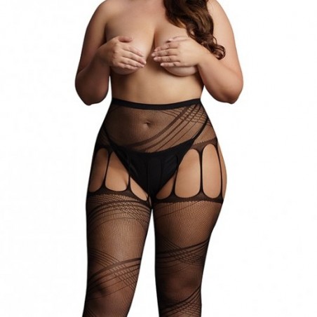 Collant Crotchless Cut-Out Effet Porte-Jarretelles Résille Noire - Ouvert entrejambe/Côtés/Fesses - Du XXL Au 5 XL - Le Désir