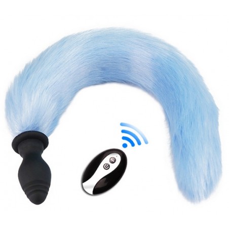 Rosebud Vibrant Fox Tail Vibe - Queue De 40 Cm Bleue - Télécommandé - Etanche - Rechargeable - 6,5 cm/ Ø 3,2 cm - Kinky Puppy