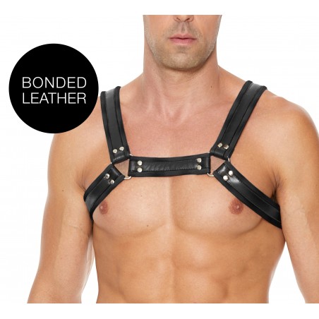 Harnais Pour Homme Buckle Bulldog Simili Cuir Noir - Sangles 3,5 cm Réglables - Rivets Et Anneaux En Métal - S/M - L/XL - Ouch