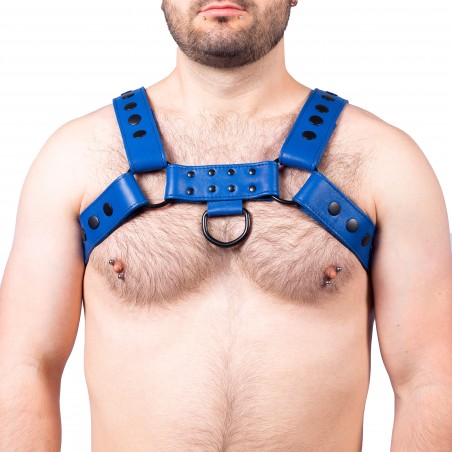Harnais Pour Homme Snap Bleu - Cuir Véritable - Sangles Réglables - Rivets Et Anneaux - S/M - L/XL - The Red
