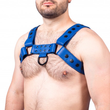 Harnais Pour Homme Snap Bleu - Cuir Véritable - Sangles Réglables - Rivets Et Anneaux - S/M - L/XL - The Red