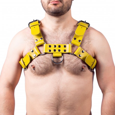 Harnais Pour Homme Buckle Jaune - Cuir Véritable - Sangles Réglables - Rivets / Anneaux : Boucles - S/M - L/XL - The Red