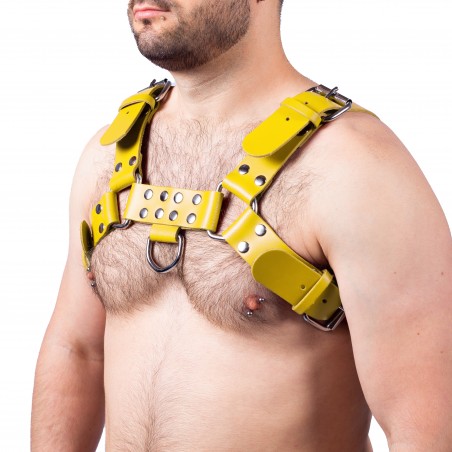 Harnais Pour Homme Buckle Jaune - Cuir Véritable - Sangles Réglables - Rivets / Anneaux : Boucles - S/M - L/XL - The Red