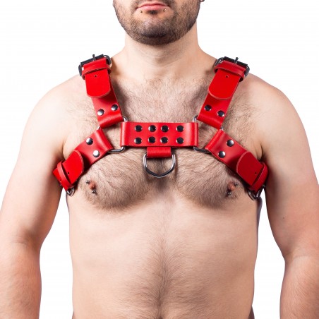 Harnais Pour Homme Buckle Rouge - Cuir Véritable - Sangles Réglables - Rivets / Anneaux : Boucles - S/M - L/XL - The Red