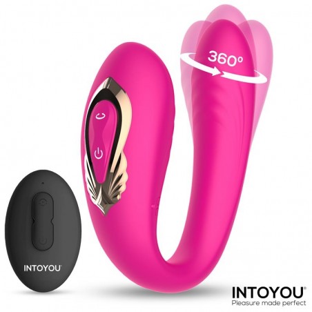 Vibromasseur Pour Couple Rotatif 360° - Lanty Fuchsia - Télécommandé - Rechargeable - Etanche - 10 cm / Ø 3 cm - Intoyou