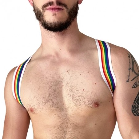 Harnais Pour Homme Pride Eternity Blanc Bordures Rainbow - Couleur De L'arc-En-Ciel - Tailles : S / M / L / XL - Bercode Berlin